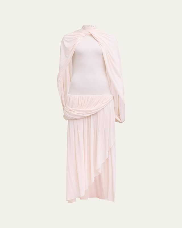 Mock Neck Draped Gown with Cape
